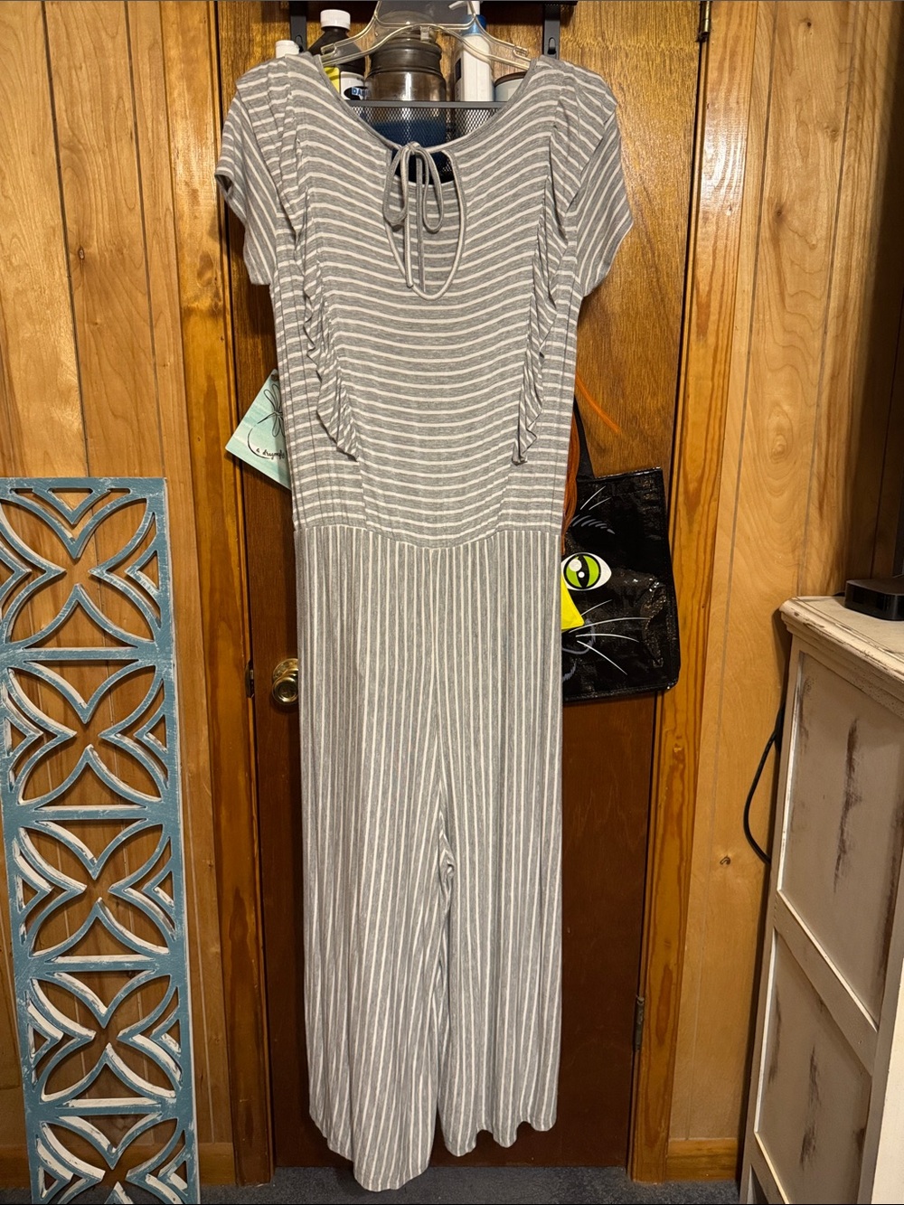 Gray Striped Women's Maxi Jumpsuit - Casual Summer Style - Picture 6 of 7